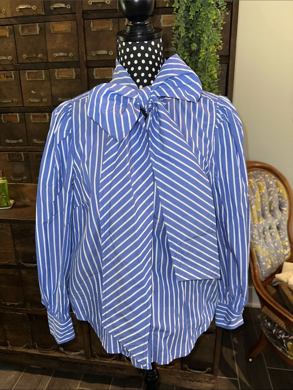 Blue Striped Tie-Neck Blouse